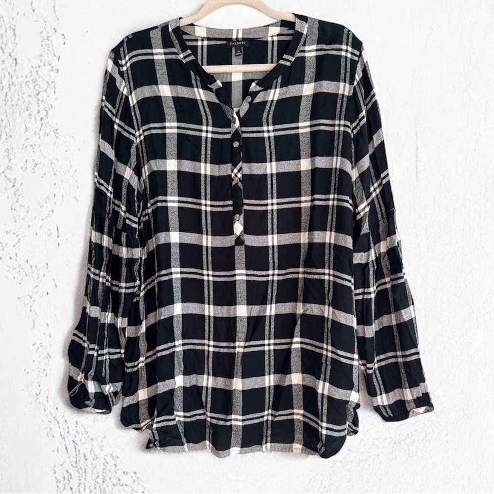 Talbots Black & White Plaid V-Neck Rayon Long Sleeve Blouse Top Size XL